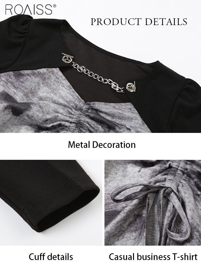 roaiss بلوزة عصرية من قماش مرقع للنساء متعددة الاستخدامات للتنقل اليومي، تي شيرت بحاشية غير منتظمة مع رباط قابل للتعديل، بلوفر يكشف عن منطقة البطن - Image 2